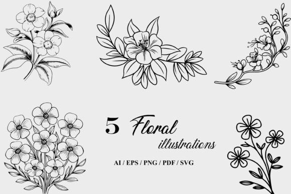 5 Floral Black White Designs Graphics