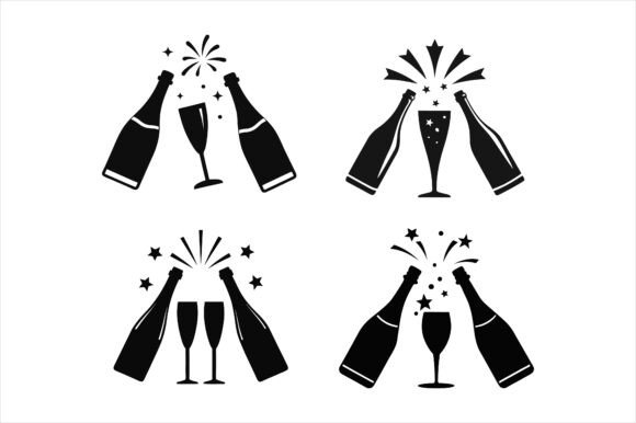 Champagne Bottle Silhouette Icon Bundle Graphics