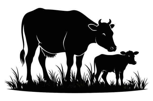 Cow and Calf Grazing Scene Silhouette Graphics
