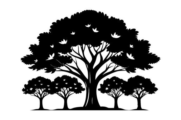 Deciduous Trees Silhouette Vector Graphics for Print Materials Mockups