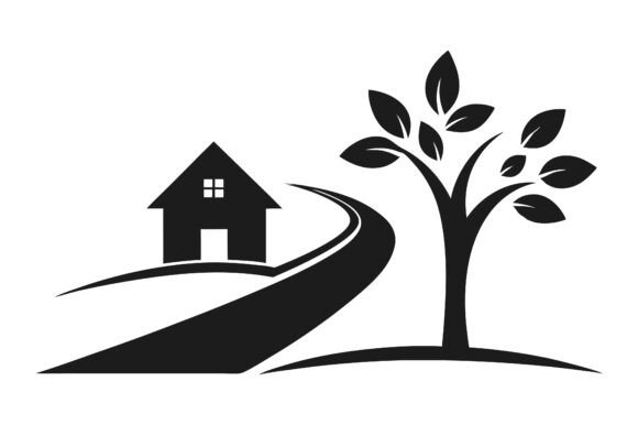 House and Trees Silhouette Vector: A Graphic Design Asset for Print Materials Mockups