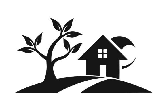 Minimalist Home Logo with Sun and Tree Graphics