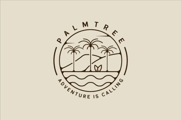 Palm Tree and Surfing Beach Logo Line Graphics
