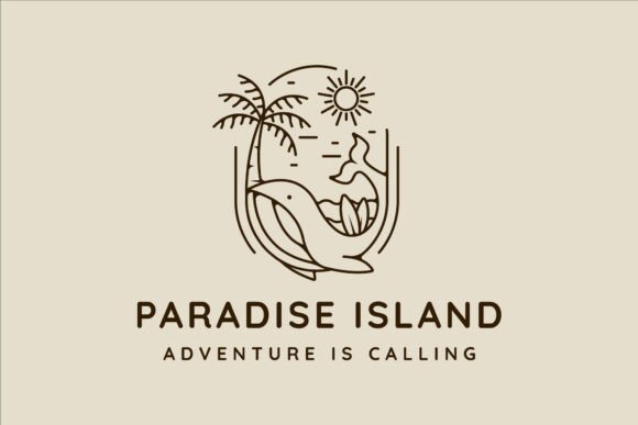 Palm Tree and Whale Logo Line Art Simple Graphics