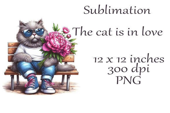 Sublimation Watercolor Cat in Love PNG Graphics