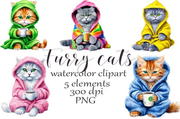 Watercolor Clipart Fluffy Cats PNG