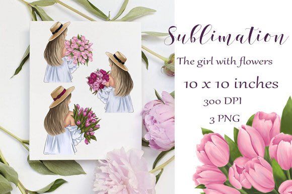 Watercolor Sublimation Girl with Flowers